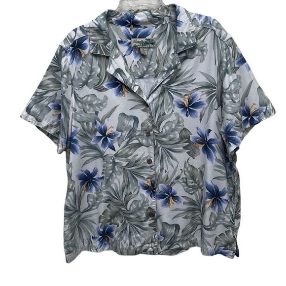 Havana Jack's Cafe Hawaiian Shirt Women's 1X Green Floral Button Front Rayon - Picture 7 of 12